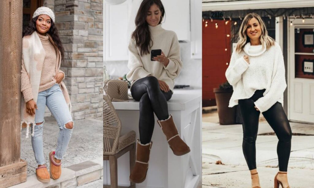 Chunky knit sweater, leather leggings, and fuzzy slippers.