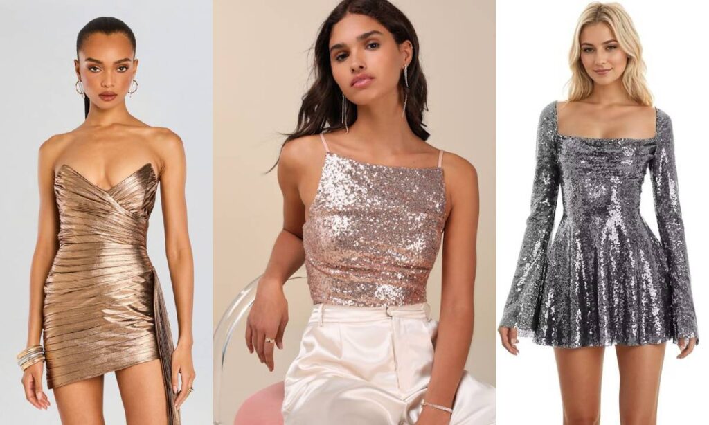 shimmery dresses to glittery tops, metallics 