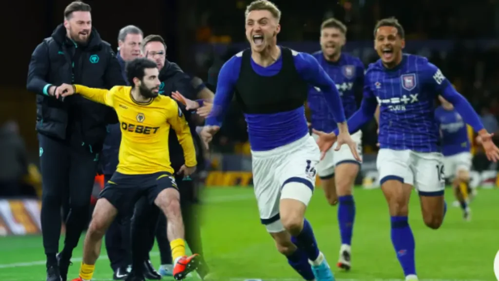 Rayan Aït-Nouri clashes with Ipswich players and staff after the final whistle at Molineux. and Ipswich Town's Jack Taylor races towards the away fans after heading in a 90th-minute winner.